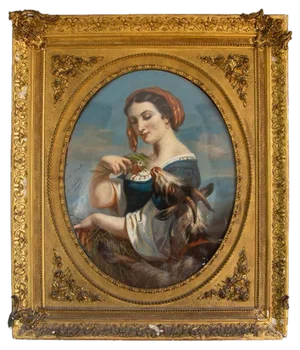 After Hugues Merle, Peasant with a Goat, 19th Century, Pastel & Oil, Framed