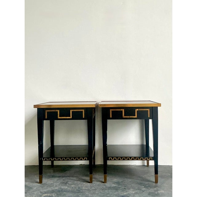 Late 20th Century Vintage Regency Greek Key Brass Trim Side Tables - A Pair For Sale - Image 5 of 11