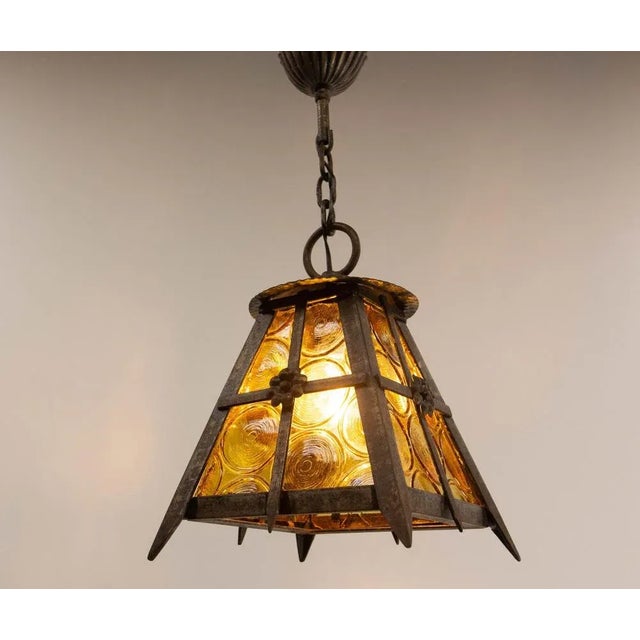 Vintage French Lustre Colored Glass and Iron Hanging Light, 1960 For Sale - Image 6 of 7