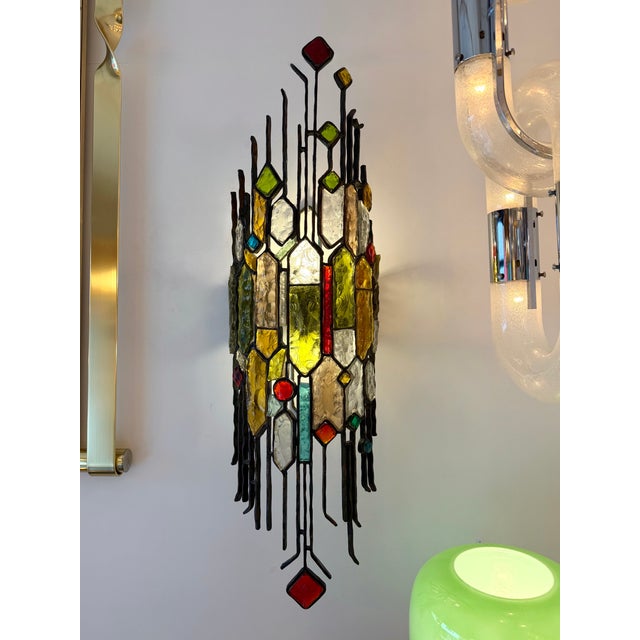 1970s Large Pair of Hammered Glass Wrought Iron Sconces by Longobard, Italy. 1970s For Sale - Image 5 of 15
