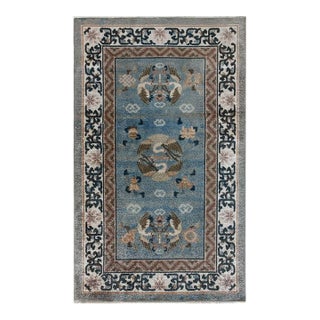 1980s Blue Modern Medallion Greek Key Vintage Chinese Handwoven Rug 3' X 5' For Sale