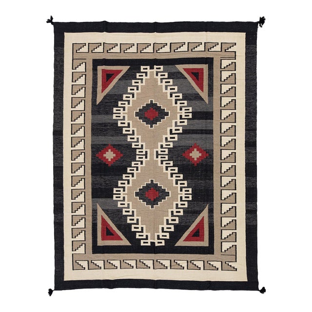 Handmade Southwestern Modern Navajo Wool Area Rug in Charcoal, Slate, and Red For Sale