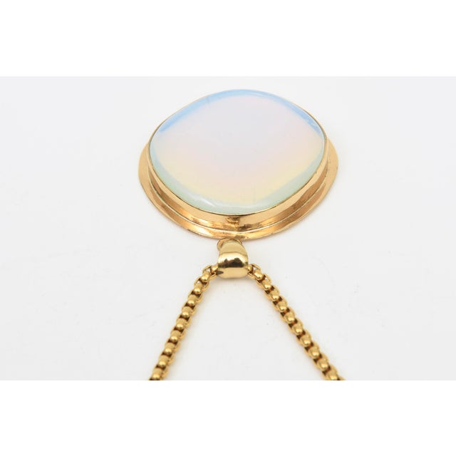 Modern Gold Plated Pendant Necklace by Charles Allen With Large Glass Blue Opalescent Stone, 1980's For Sale - Image 3 of 10