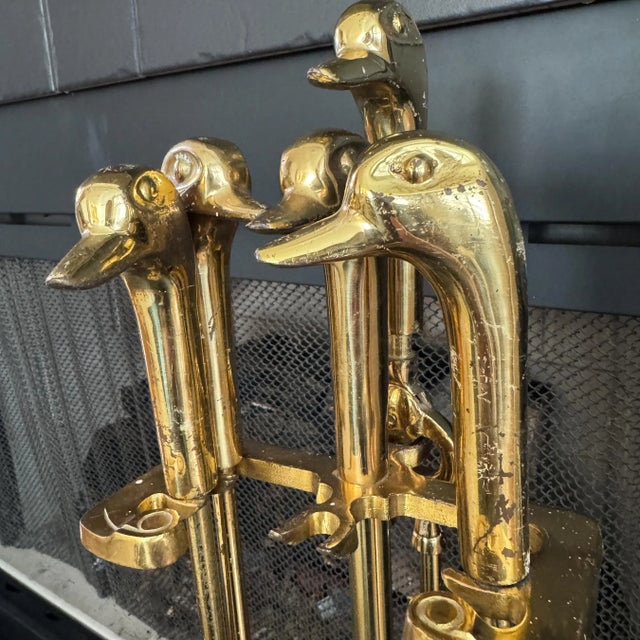 Vintage Brass Mallard Duck Fireplace Tool Set: 5-Piece Figural Fire Tools For Sale - Image 4 of 10
