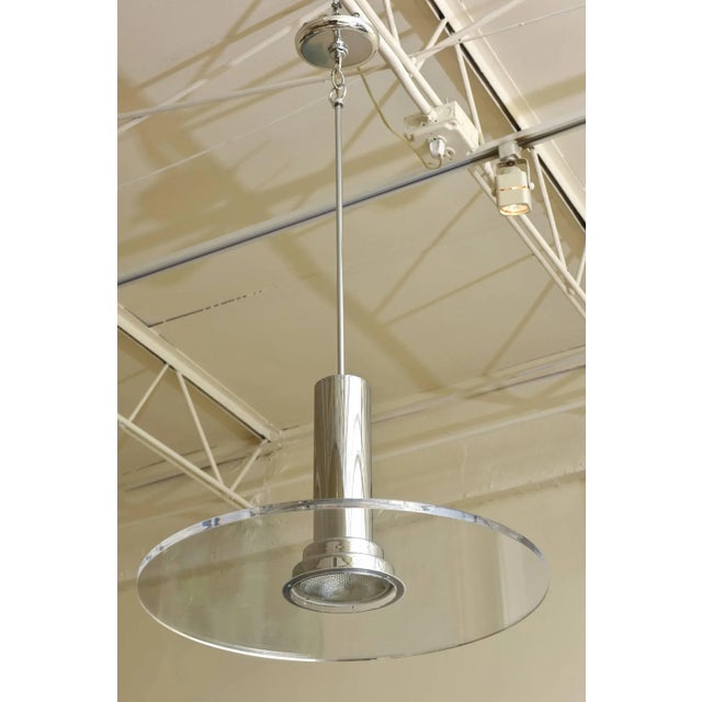Modern Vintage Signed Fredrick Ramond Etched Lucite and Chromed Metal Pendant Light 80's For Sale - Image 3 of 9