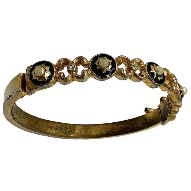 1960s Neo-Classic Hinged Bangle With Pearl & Jewels Signed CastleCliff For Sale - Image 4 of 5