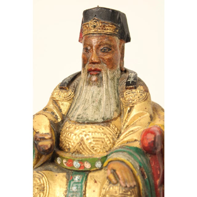 Wood Pair of Chinese Wood Carved Polychrome and Gilt Decorated Figures For Sale - Image 7 of 12