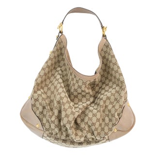 Gucci Gg Canvas and Leather Beige/Brown 203542 Large Jockey Handbag For Sale