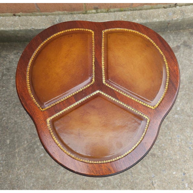 Pair Mid 20th Century Mahogany Pedestal Tooled Leather Clover Top Candle Stands For Sale - Image 10 of 12