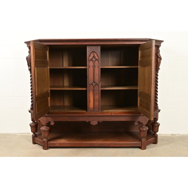 Late 19th Century Antique French Gothic Revival Oak Bar Cabinet With Carved Figures, Circa 1890s For Sale - Image 5 of 14