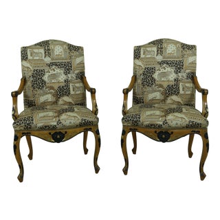 Pair Animal Print Upholstered French Open Armchairs For Sale