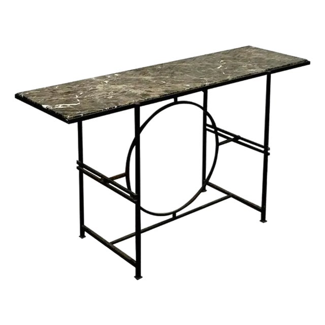 Vintage Boho Wrought Iron Circle Console With Empress Stone Top For Sale