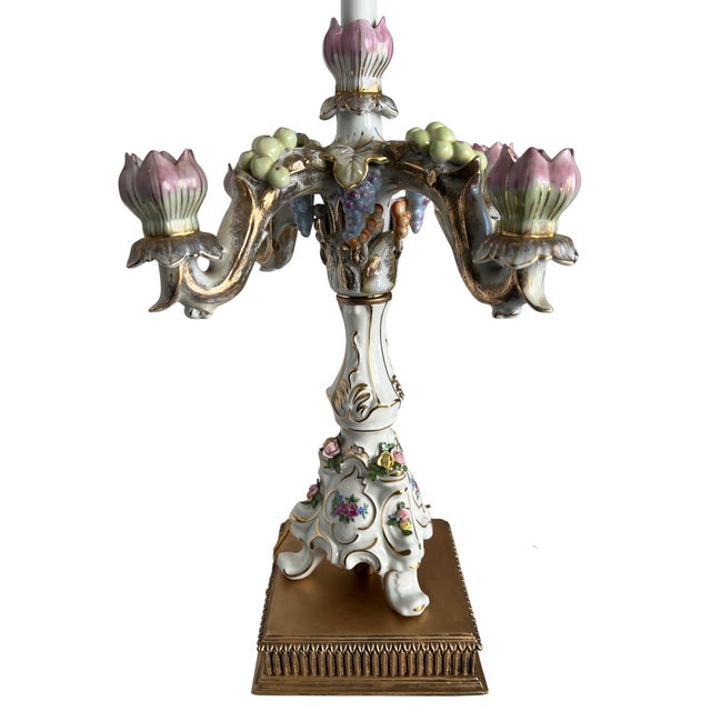 White MId-Century Dresden Porcelain Floral Fruit Candelabra Table Lamp For Sale - Image 8 of 15