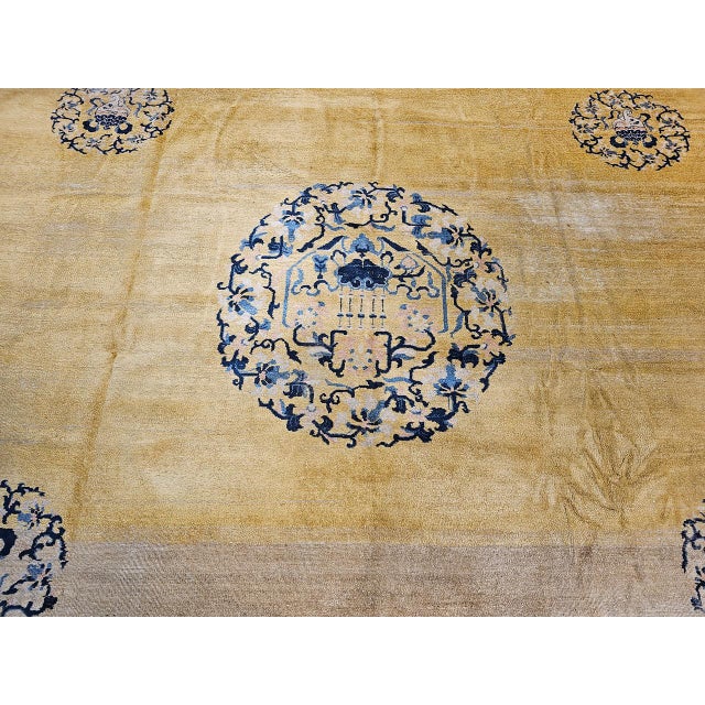 Antique Chinese Peking Rug, Handwoven Ningxia Medallion Pattern, Pale Yellow, 13' X 16' For Sale - Image 10 of 15