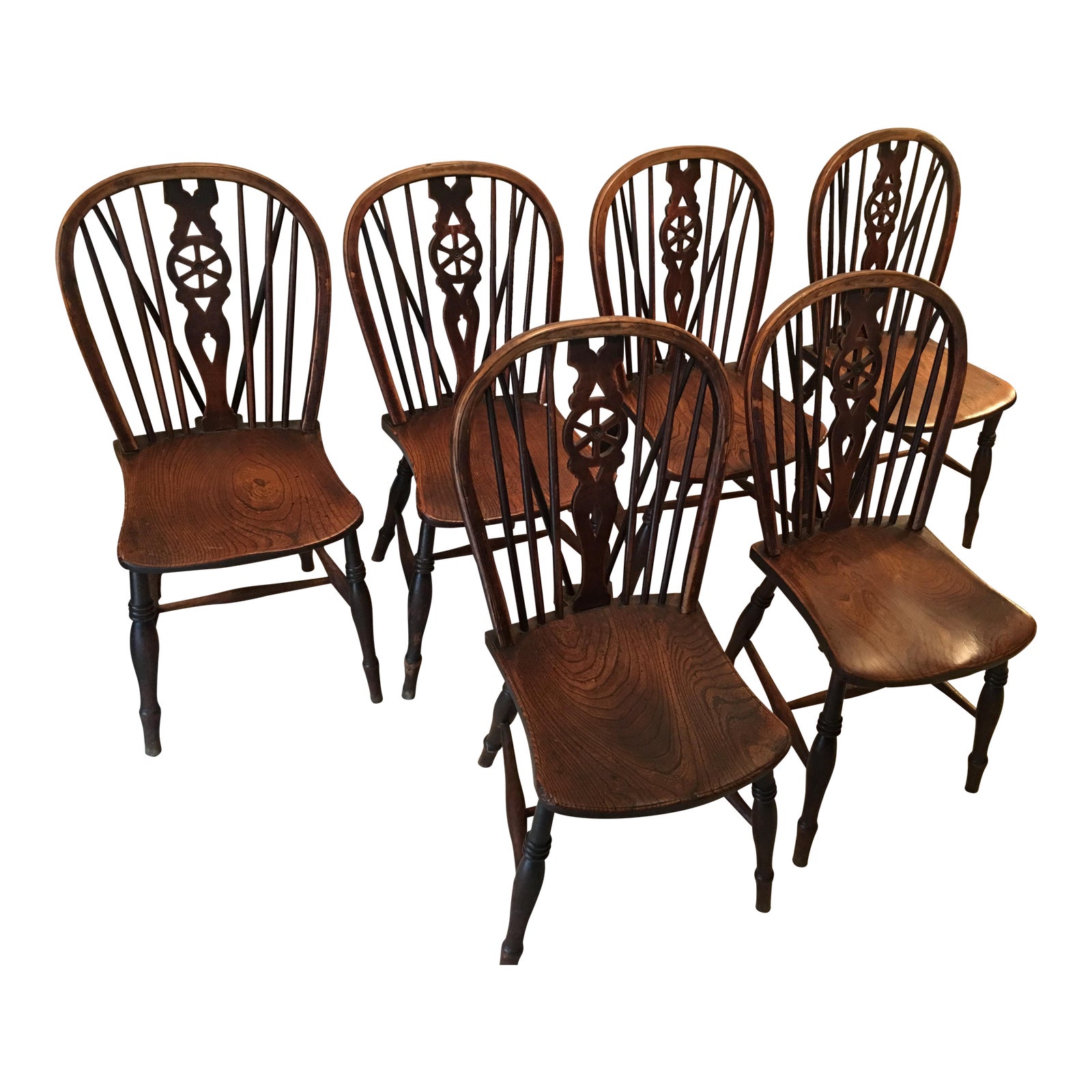 Windsor Oak Dining Room Kitchen Chairs Wagon Wheel Brace Backs Set 6