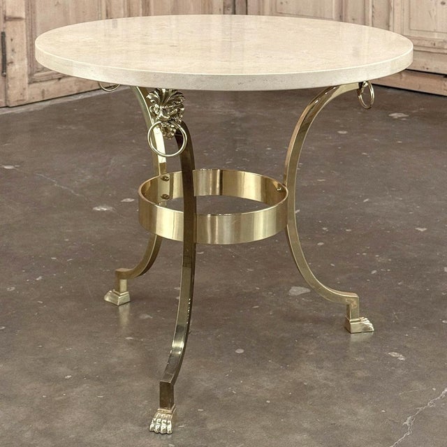 Mid Century Polished Brass Tripod Table With Lion Heads and Stone Top For Sale - Image 4 of 17