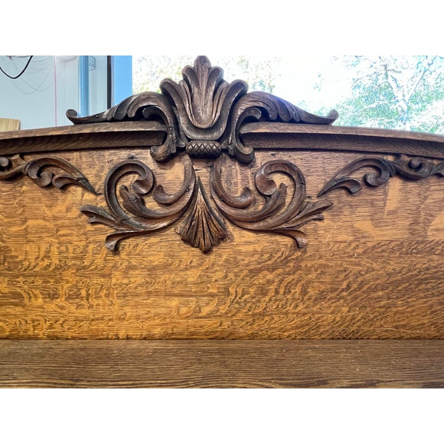 Wood Early 20th Century Quarter-Sawn Tiger Oak Sideboard With Carved Crest, Beveled Mirror and Turned Columns For Sale - Image 7 of 8