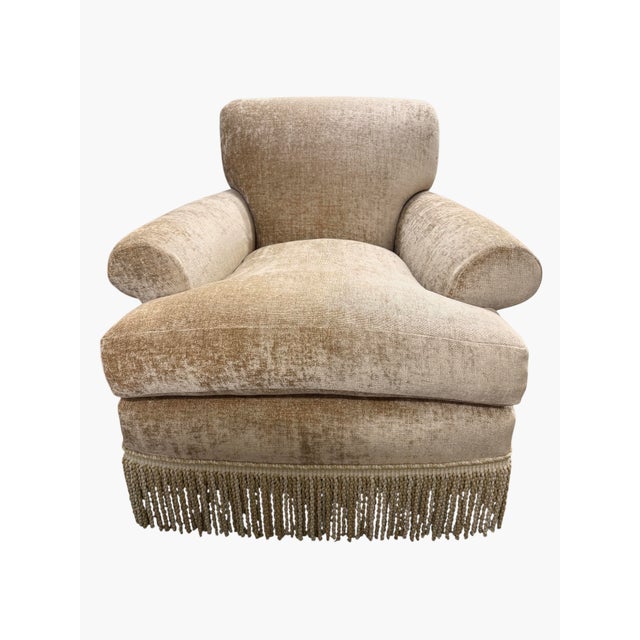 2020s Pair of Custom Champagne Chenille Lounge Chairs With Bullion Fringe For Sale - Image 5 of 8