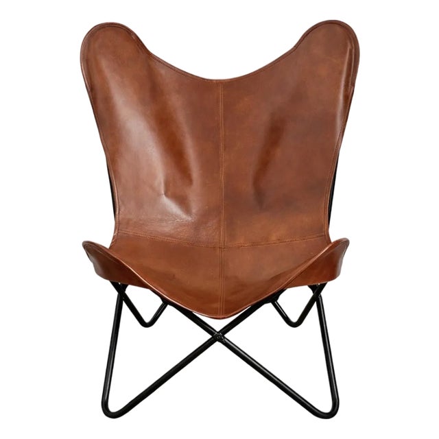 Leather Butterfly Chair, Attributed to Knoll, Saddle Brown For Sale