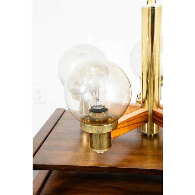 1960s Mid Century Modern Chandelier Light Lamp Brass Oak Wood 5 Light Ceiling Glass For Sale In Sacramento - Image 6 of 12