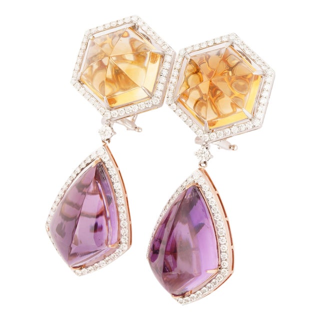 Natural diamond 2.14cts &crystal 35.33cts&amethyst42.04cts earring in 18k gold For Sale