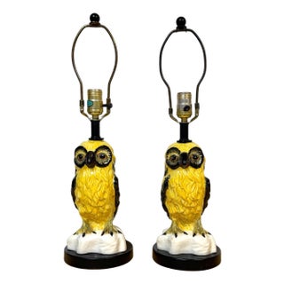 Pair of Mid-Century Italian Spectacled Owl Pottery Lamps, 1960s For Sale