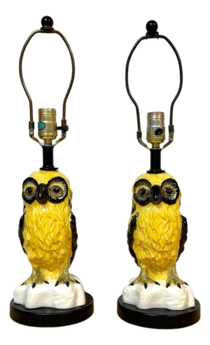Pair of Mid-Century Italian Spectacled Owl Pottery Lamps, 1960s
