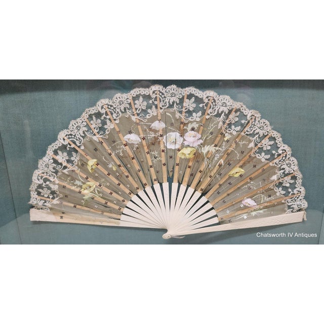 Textile Shadow Box Framed Antique Victorian Lace & Silk Floral Painted Ladies Hand Fan For Sale - Image 7 of 12