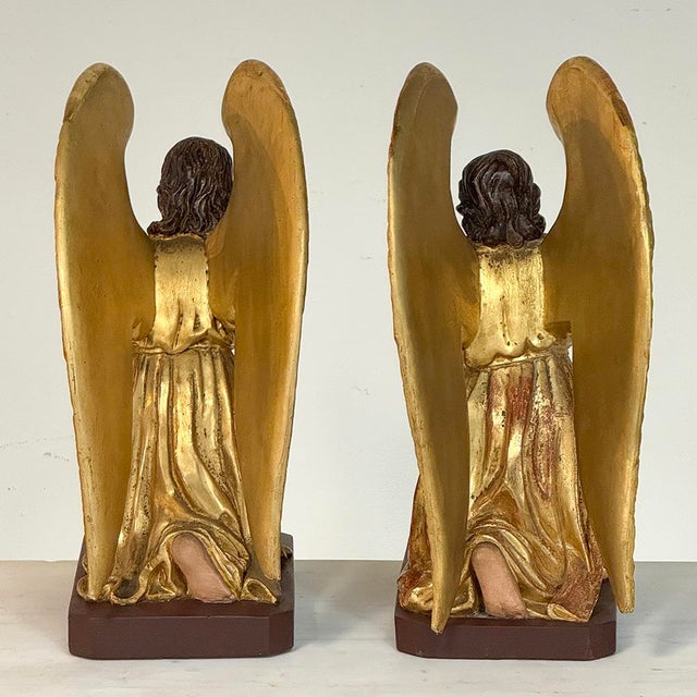 Wood Pair 18th Century Hand-Carved Polychromed Wood Angels For Sale - Image 7 of 17