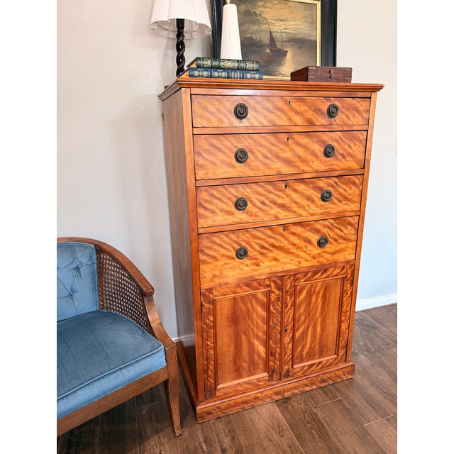 Antique Tiger Maple Gentleman’s Chest of Drawers Late Victorian Curly Maple Chiffonier Refinished Fiddleback Wood Tallboy Cabinet 53" For Sale In Houston - Image 6 of 16