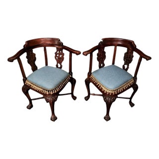 Chippendale Carved Mahogany Corner Chairs with Cane Seats and Cushions, 1890s, Set of 2 For Sale