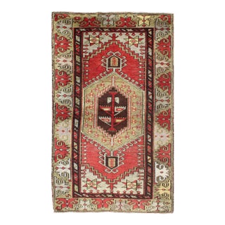 Vintage Turkish Oushak Rug With Geometric Tribal Medallion in Red and Green For Sale