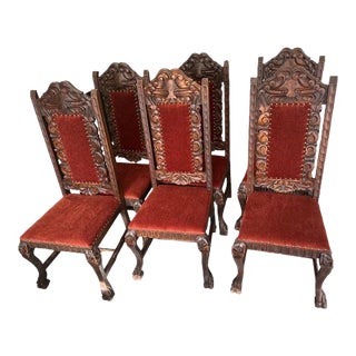 Heavily Carved Spanish Colonial Style Dining Chairs With New Upholstery - Vintage Late 20th Century From Mexico For Sale