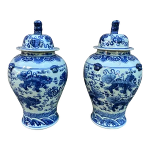 Large Pair of Chinese Blue and White Jars With Lids