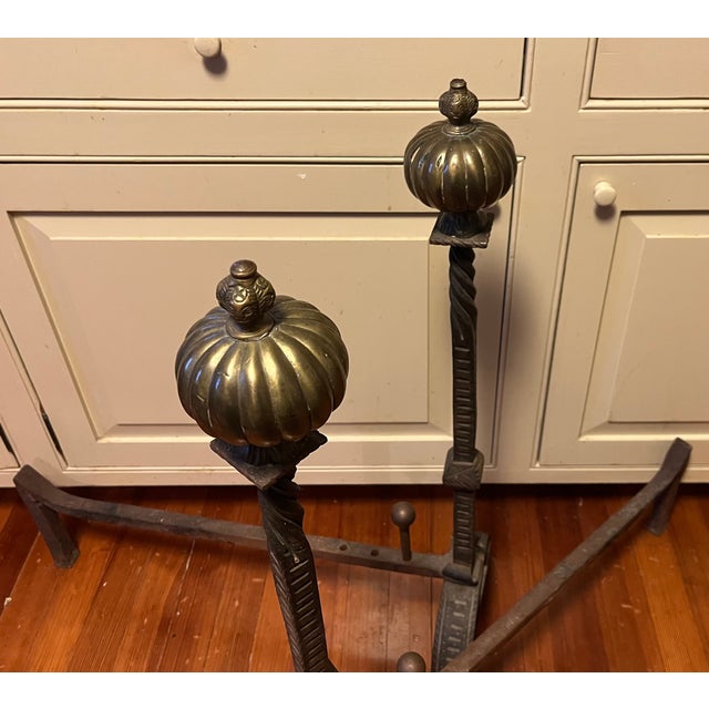 Very Large Antique 19th Century French Baroque Wrought Iron and Bronze Andirons With Gothic Tudor Arch for Limestone Fireplace Mantel For Sale - Image 14 of 15