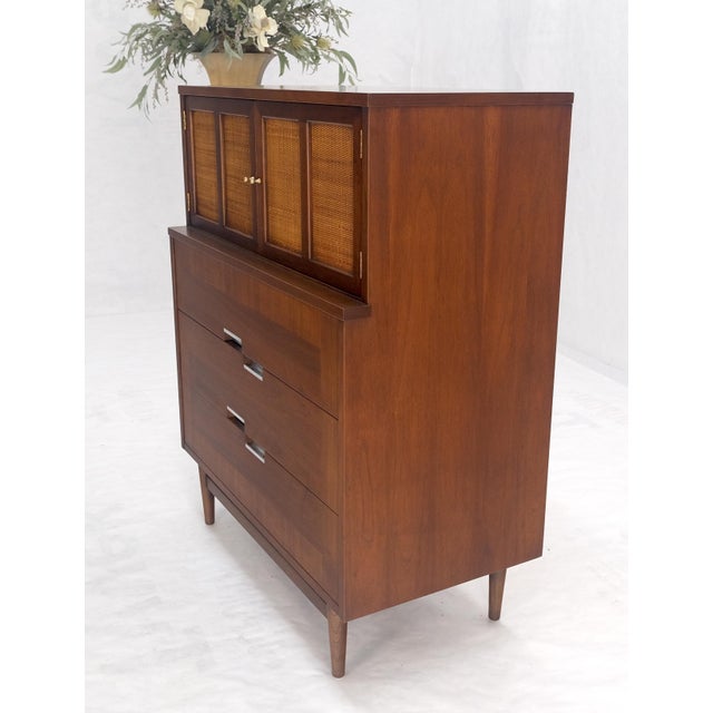 Cane Double Door Compartment 5 Drawer High Gentleman Chest Dresser Walnut For Sale - Image 10 of 12