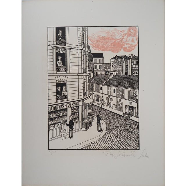 Modern Théo Schmied, Paris: Le Génie de la Rue Hallé, 1928, Woodcut Print For Sale - Image 3 of 7