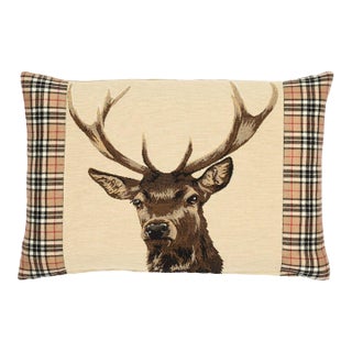 Scottish Stag Beige Tartan Cushion With Tartan Sides With Feather Filler - 33x46cm (15"x18") For Sale