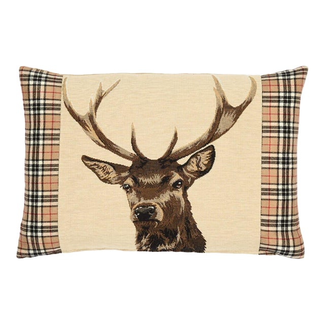 Scottish Stag Beige Tartan Cushion With Tartan Sides With Feather Filler - 33x46cm (15"x18") For Sale