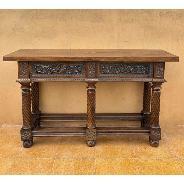 Spanish Walnut Console Table, Hand-Carved Renaissance Revival, 1890 For Sale - Image 4 of 9