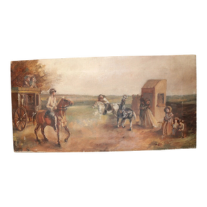 Antique Original Traveling Horse Back Carriage Stylized Oil Painting on Canvas