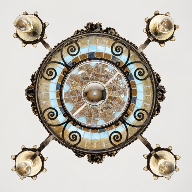 Metal Art Nouveau Revival Wrought Iron Chandelier with Floral Stained Glass, Italy, 1950s For Sale - Image 7 of 18
