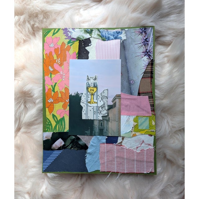 8.5" x 11" A mixed media analog collage made of vintage floral and plaid textiles, recycled paper and a cut out of the ace...