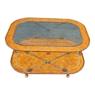 20th Century Maitland Smith Tiered Steel, Leather and Glass Top Coffee Table For Sale