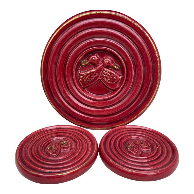 Set of Red Majolica Trivet & Wine Coasters Vallauris, Circa 1950 For Sale