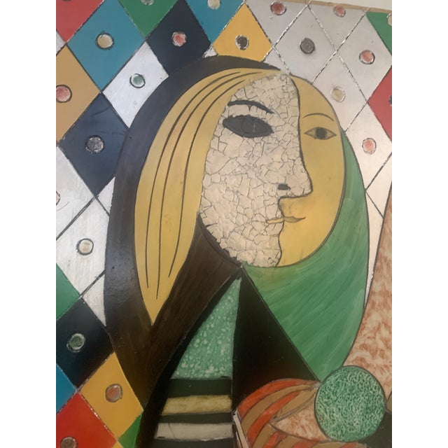 Large Mid Century Modern Studio Abstract Acrylic Mixed-Media Painting Picasso Inspired Original Decorative Artwork Handcrafted Girl Before a Mirror For Sale - Image 6 of 14