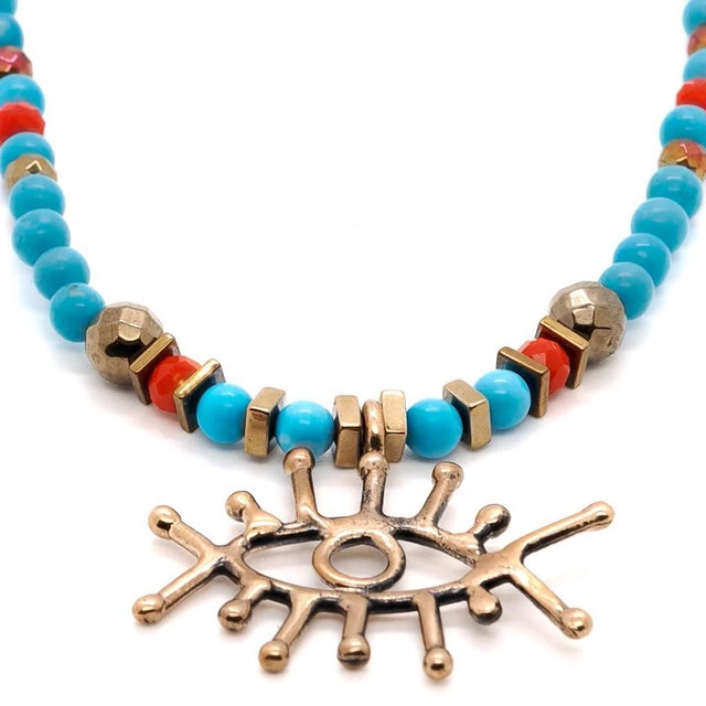 Turquoise Guardian Evil Eye Pendant Turquoise Stone Beaded Necklace For Sale - Image 8 of 11