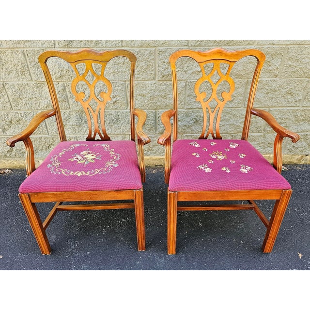 Pair of Stateville Chair Company Mid-Century Chippendale Mahogany Needflepoint ArmChairs. Very good vintage condition....