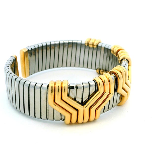 Bulgari 1990s Bulgari Parentesi Tubogas 18k Gold & Stainless Steel Cuff Bracelet For Sale - Image 4 of 12
