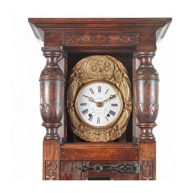 Antique Oak Linen Fold Long Case Clock by E. Favot of Bleneau For Sale In Los Angeles - Image 6 of 6